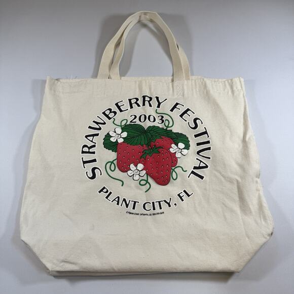 Vintage Strawberry Festival 2003 Logo Printed Canvas Tote Bag - Cream OS - Picture 1 of 9